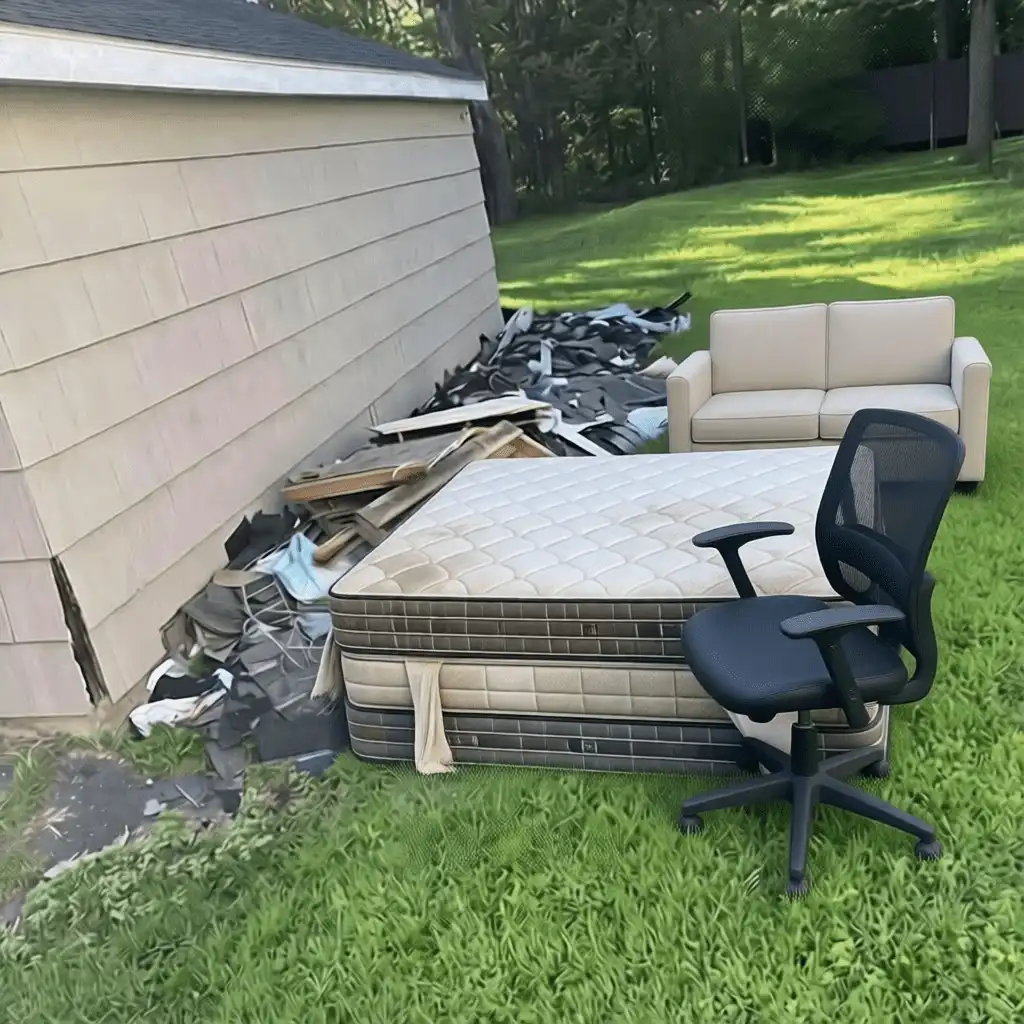 Before photo: cluttered outdoor workspace with office chair, tool cart, and debris cleared by Connecticut Heavy Hauling LLC