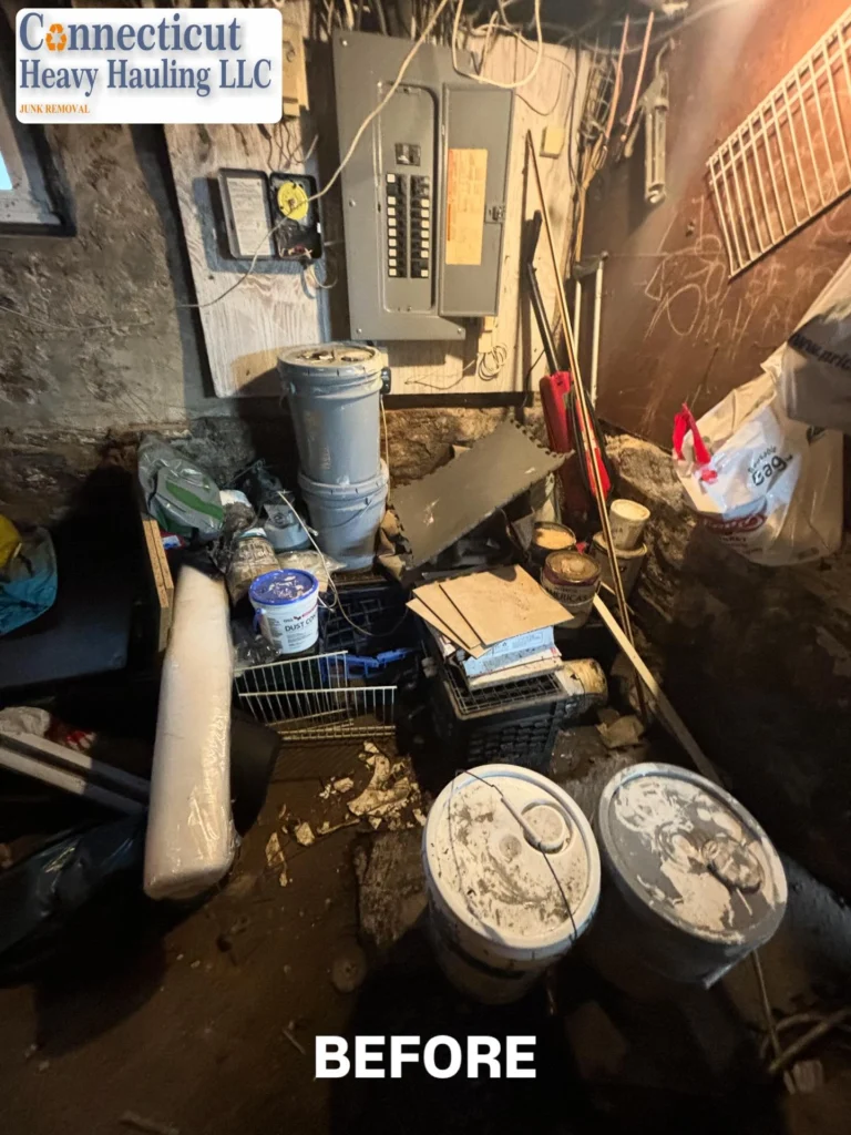 Before & after of cluttered storage room cleaned by Connecticut Heavy Hauling LLC