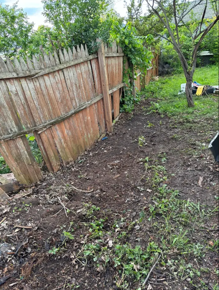 After photo: clean backyard with wooden fence and trimmed grass cleared by Connecticut Heavy Hauling LLC