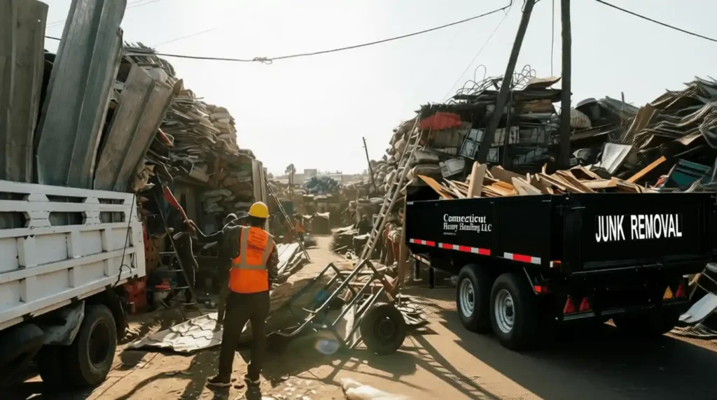 Tractor fully loaded with construction debris at certified disposal site in Connecticut