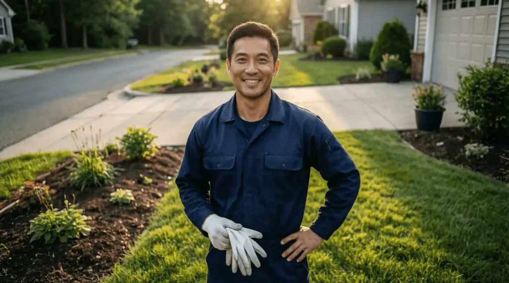 Satisfied junk removal worker standing in clean backyard after completing service in Connecticut
