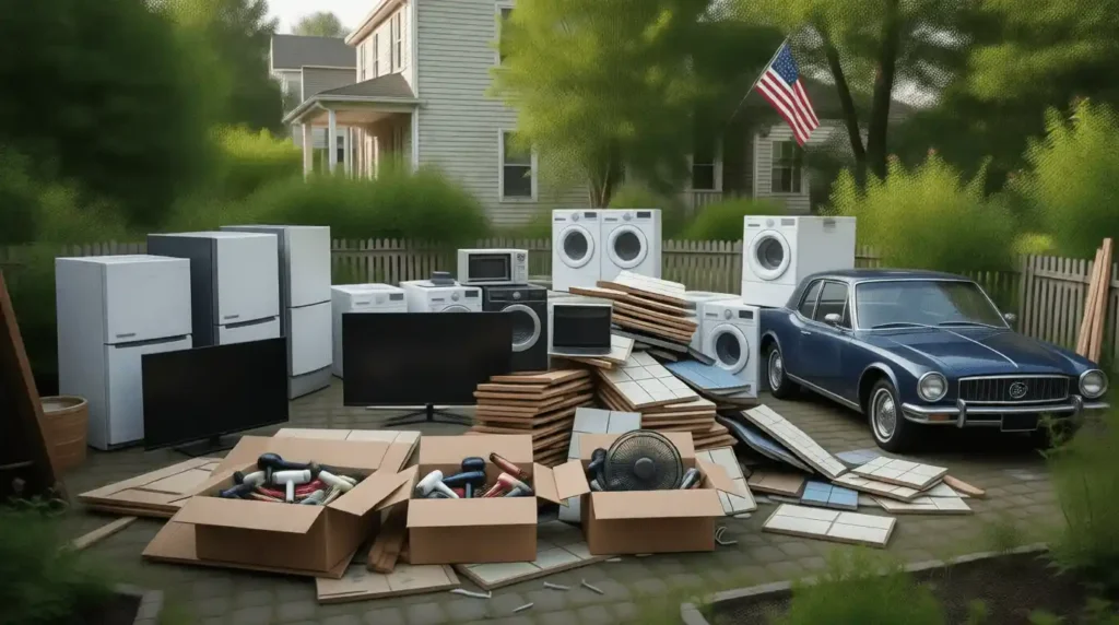 Before photo of cluttered yard with appliances, furniture, and kitchen items cleared by Connecticut Heavy Hauling LLC