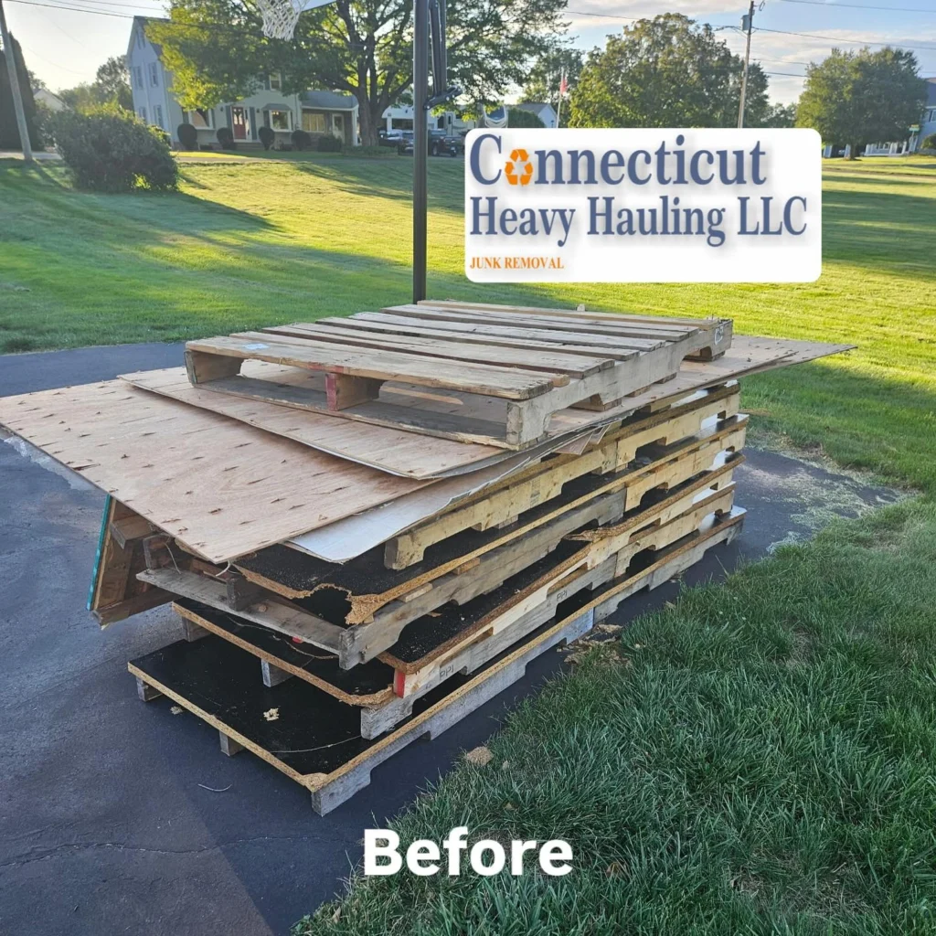 Before & after of pallets removal from commercial property by Connecticut Heavy Hauling LLC