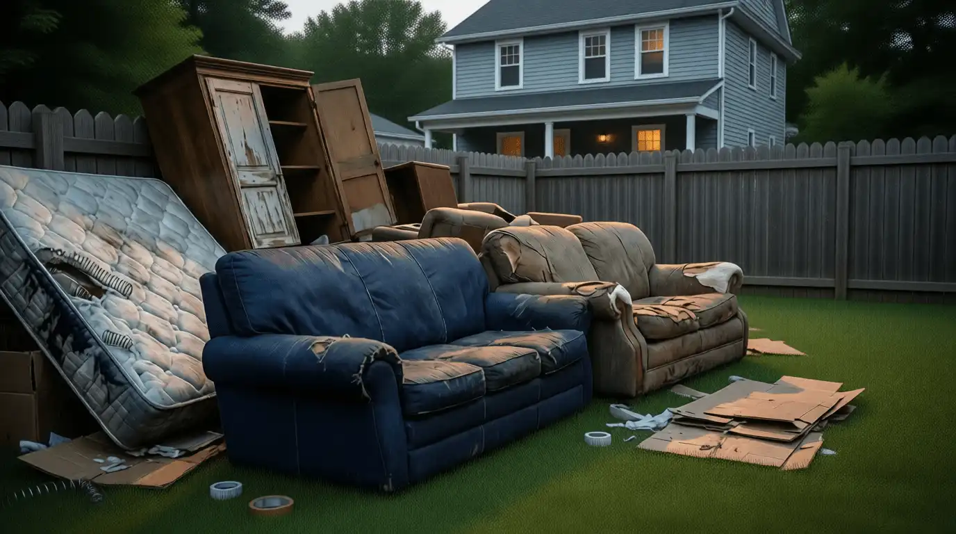 CT Heavy Hauling LLC removing two old, abandoned sofas from an overgrown garden in Connecticut.